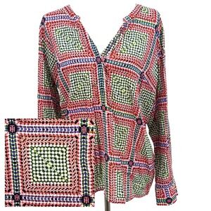 Tommy‎ Hilfiger Womens Top XL Multicolor Preppy Office Monogram Geometric Print